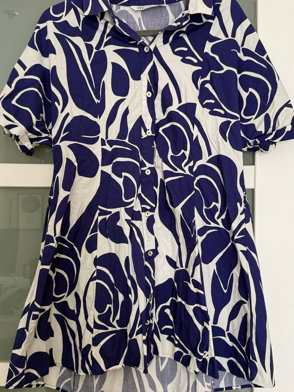 ZARA Navy and White Button-Front Floral Print Shirt Dress